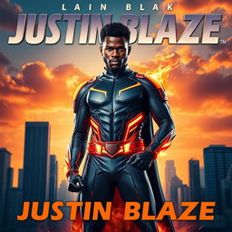 A dynamic movie poster featuring a black superhero named Justin Blaze, standing confidently in a cityscape at sunset