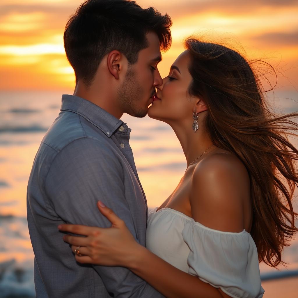 a romantic scene featuring a couple passionately kissing, their faces close together with soft expressions, surrounded by a dreamy backdrop of a sunset, warm orange and pink hues filling the sky, gentle waves crashing on the beach in the background, the couple's hair blowing softly in the breeze, capturing the intimacy of the moment, their hands intertwined, with a focus on their love and affection