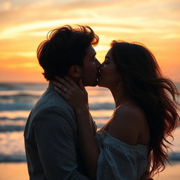 a romantic scene featuring a couple passionately kissing, their faces close together with soft expressions, surrounded by a dreamy backdrop of a sunset, warm orange and pink hues filling the sky, gentle waves crashing on the beach in the background, the couple's hair blowing softly in the breeze, capturing the intimacy of the moment, their hands intertwined, with a focus on their love and affection