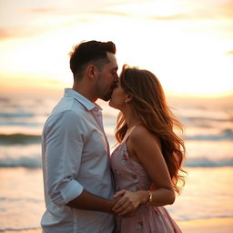 a romantic scene featuring a couple passionately kissing, their faces close together with soft expressions, surrounded by a dreamy backdrop of a sunset, warm orange and pink hues filling the sky, gentle waves crashing on the beach in the background, the couple's hair blowing softly in the breeze, capturing the intimacy of the moment, their hands intertwined, with a focus on their love and affection