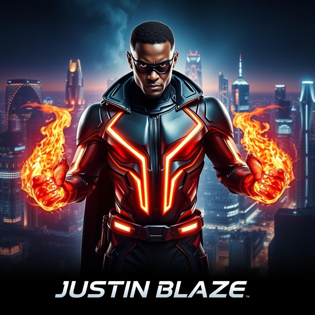 A striking cinematic sci-fi futuristic action film poster featuring a black superhero named Justin Blaze