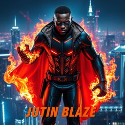 A striking cinematic sci-fi futuristic action film poster featuring a black superhero named Justin Blaze