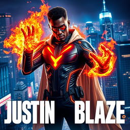 A striking cinematic sci-fi futuristic action film poster featuring a black superhero named Justin Blaze