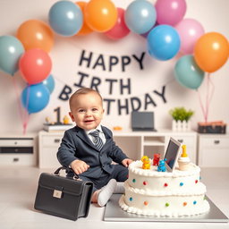 A cheerful 1st birthday photoshoot for a baby inspired by the Boss Baby theme
