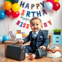 A cheerful 1st birthday photoshoot for a baby inspired by the Boss Baby theme