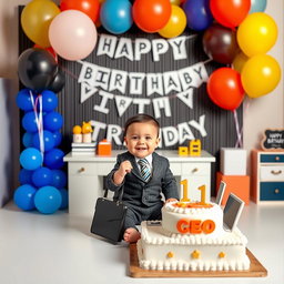 A cheerful 1st birthday photoshoot for a baby inspired by the Boss Baby theme