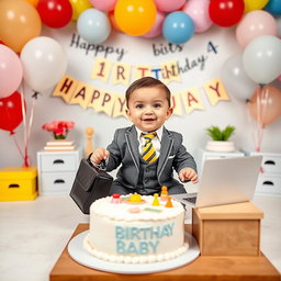 A cheerful 1st birthday photoshoot for a baby inspired by the Boss Baby theme