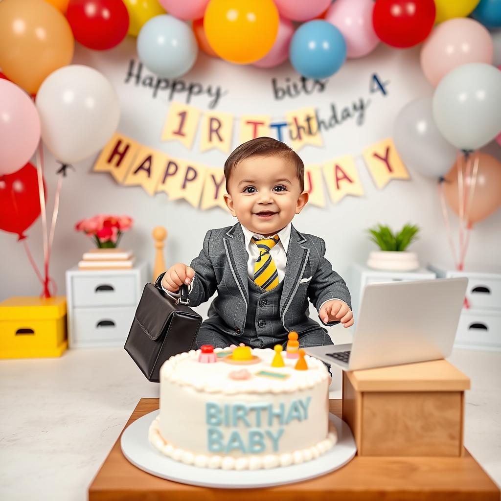 A cheerful 1st birthday photoshoot for a baby inspired by the Boss Baby theme