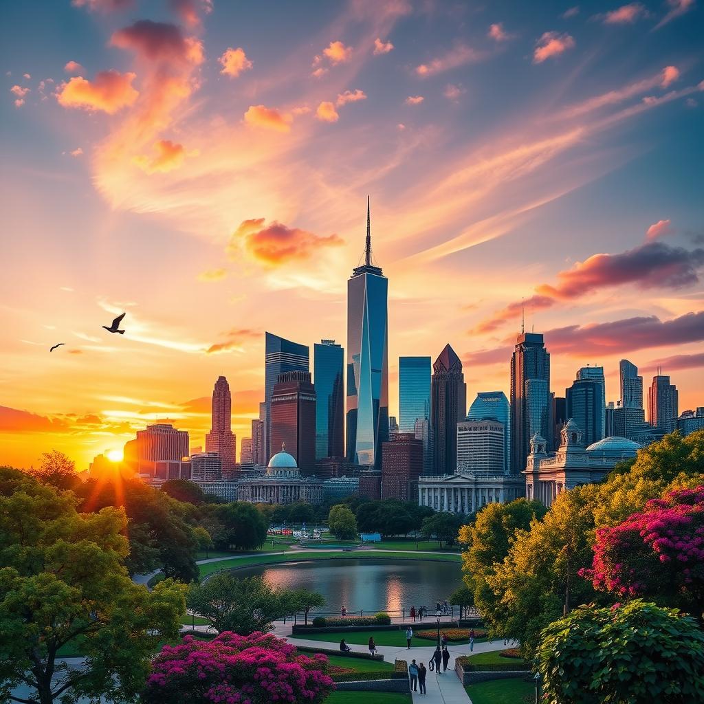 A stunning visual representation of a vibrant city skyline during sunset, featuring a blend of modern skyscrapers and classic architecture