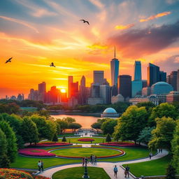A stunning visual representation of a vibrant city skyline during sunset, featuring a blend of modern skyscrapers and classic architecture