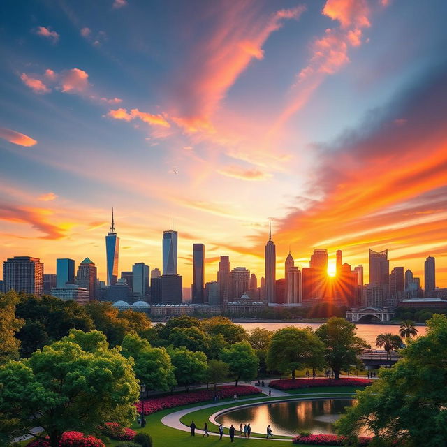 A stunning visual representation of a vibrant city skyline during sunset, featuring a blend of modern skyscrapers and classic architecture