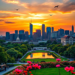 A stunning visual representation of a vibrant city skyline during sunset, featuring a blend of modern skyscrapers and classic architecture