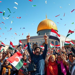 A vibrant and powerful scene symbolizing victory at Al-Aqsa Mosque, showcasing a diverse group of people celebrating with flags and expressions of joy against the backdrop of the majestic mosque