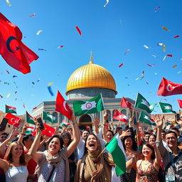 A vibrant and powerful scene symbolizing victory at Al-Aqsa Mosque, showcasing a diverse group of people celebrating with flags and expressions of joy against the backdrop of the majestic mosque