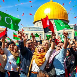 A vibrant and powerful scene symbolizing victory at Al-Aqsa Mosque, showcasing a diverse group of people celebrating with flags and expressions of joy against the backdrop of the majestic mosque