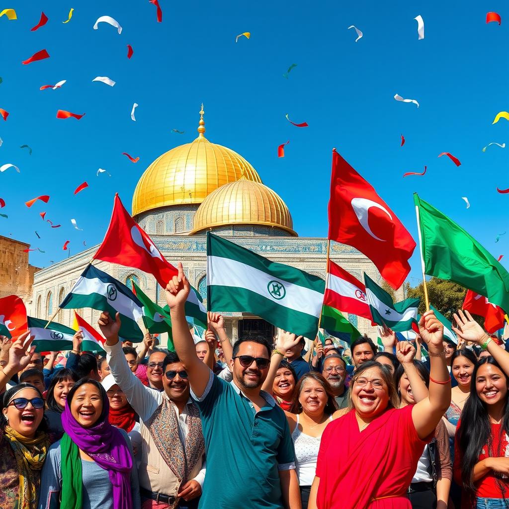 A vibrant and powerful scene symbolizing victory at Al-Aqsa Mosque, showcasing a diverse group of people celebrating with flags and expressions of joy against the backdrop of the majestic mosque