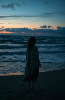 A melancholic scene featuring a solitary figure standing on a windswept beach at twilight, gazing out at the turbulent sea