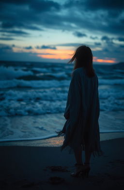 A melancholic scene featuring a solitary figure standing on a windswept beach at twilight, gazing out at the turbulent sea