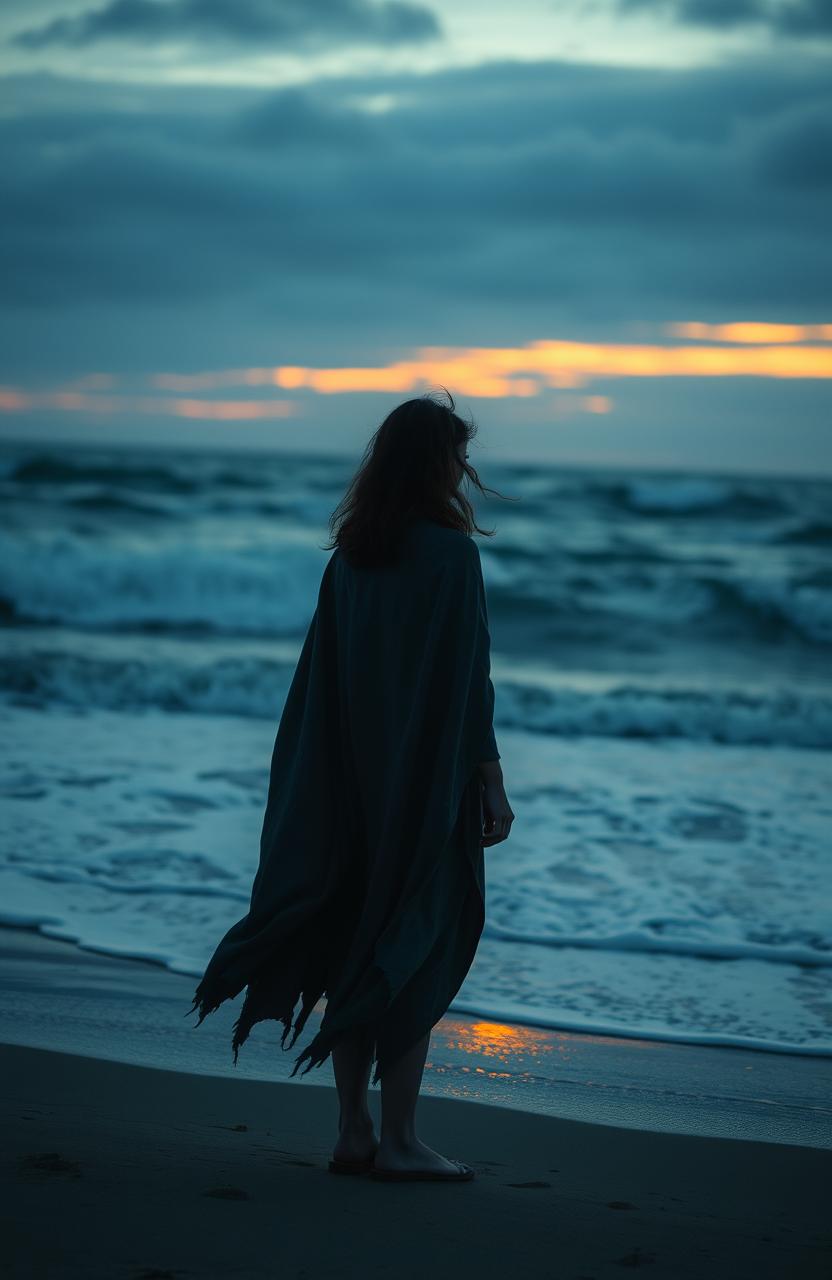 A melancholic scene featuring a solitary figure standing on a windswept beach at twilight, gazing out at the turbulent sea