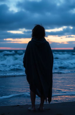 A melancholic scene featuring a solitary figure standing on a windswept beach at twilight, gazing out at the turbulent sea