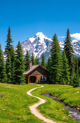 A serene mountain landscape, featuring majestic snow-capped peaks in the background, set against a clear blue sky