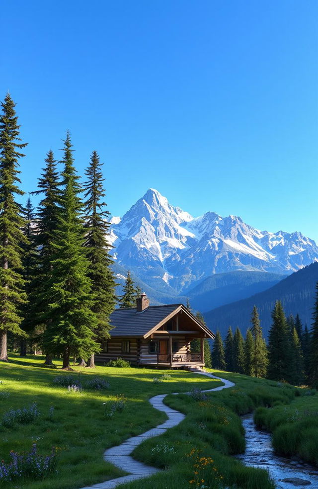 A serene mountain landscape, featuring majestic snow-capped peaks in the background, set against a clear blue sky