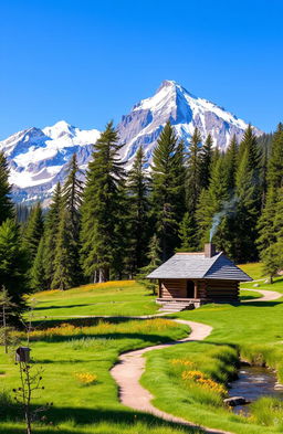 A serene mountain landscape, featuring majestic snow-capped peaks in the background, set against a clear blue sky