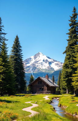 A serene mountain landscape, featuring majestic snow-capped peaks in the background, set against a clear blue sky