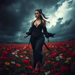 A captivating scene of a lady ninja walking gracefully through a colorful field of flowers, her silhouette striking against a backdrop of dark, thunderous skies