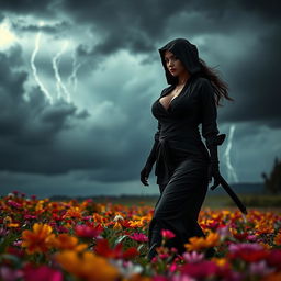 A captivating scene of a lady ninja walking gracefully through a colorful field of flowers, her silhouette striking against a backdrop of dark, thunderous skies