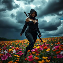 A captivating scene of a lady ninja walking gracefully through a colorful field of flowers, her silhouette striking against a backdrop of dark, thunderous skies