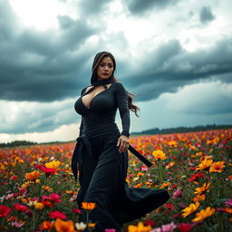 A captivating scene of a lady ninja walking gracefully through a colorful field of flowers, her silhouette striking against a backdrop of dark, thunderous skies