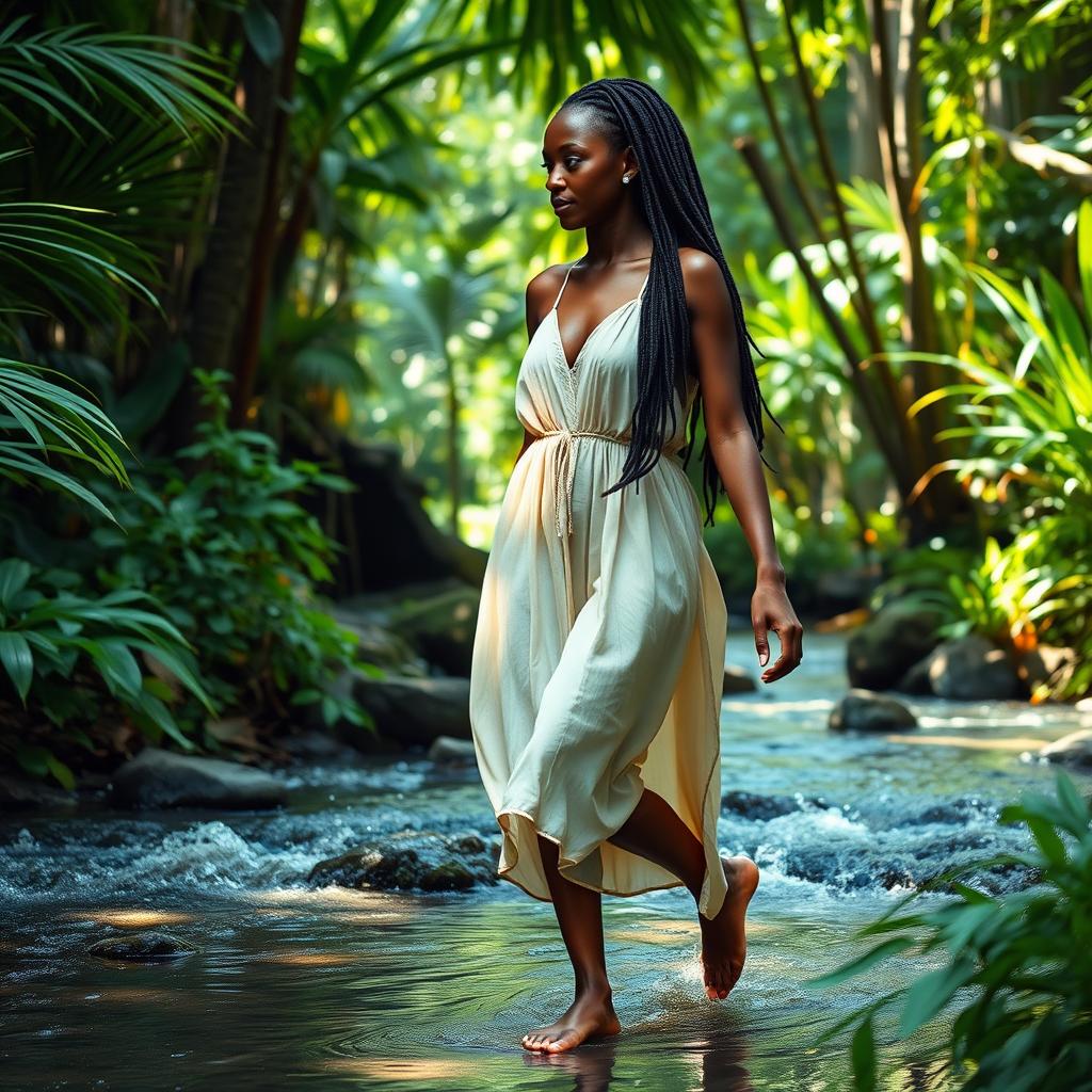 A beautiful dark skinned African American woman with waist-length dreadlocks walking barefoot through a lush jungle