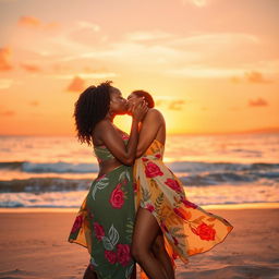 A romantic scene depicting two stunning African American women sharing a kiss on a beautiful beach during sunset