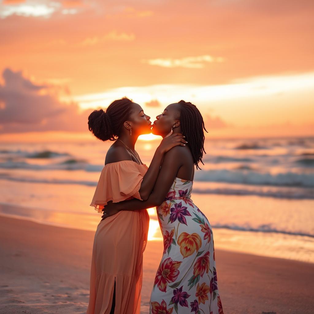 A romantic scene depicting two stunning African American women sharing a kiss on a beautiful beach during sunset