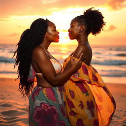 A romantic scene depicting two stunning African American women sharing a kiss on a beautiful beach during sunset