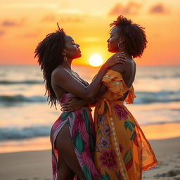 A romantic scene depicting two stunning African American women sharing a kiss on a beautiful beach during sunset