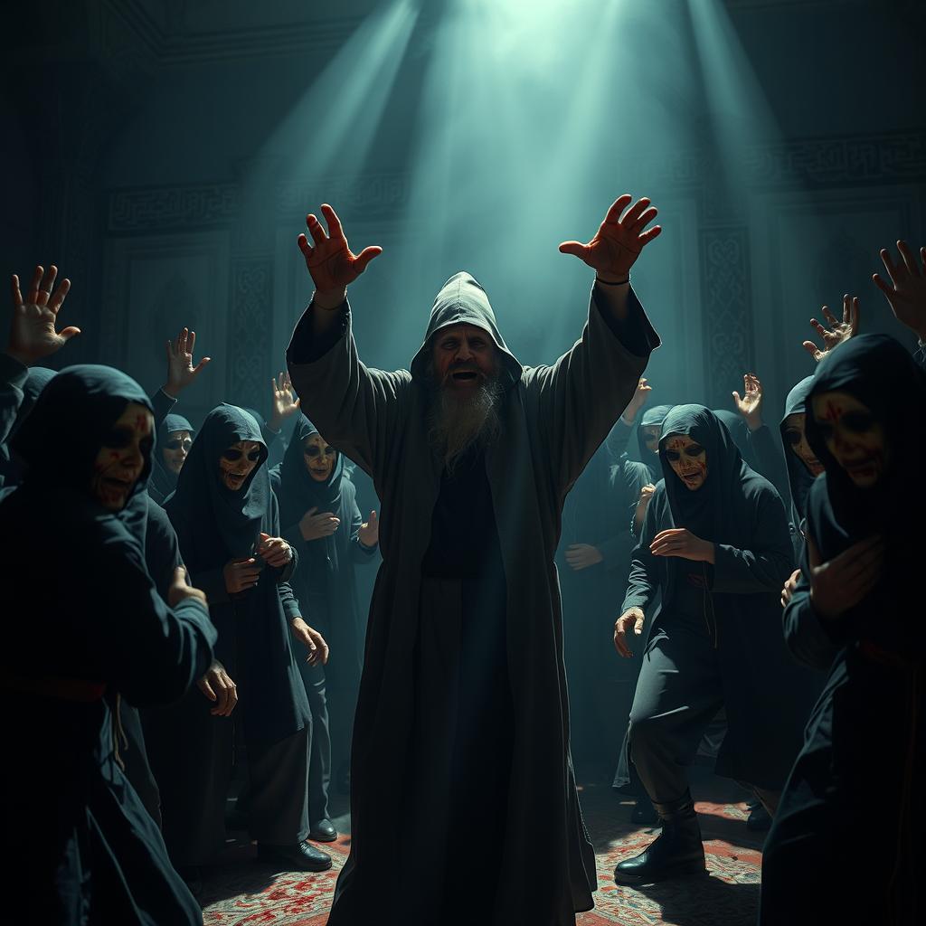 A scary religious figure with a dark, ominous presence, wearing traditional religious attire, passionately commanding a group of people to dance in a chaotic setting