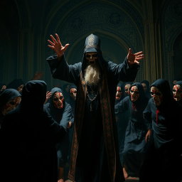 A scary religious figure with a dark, ominous presence, wearing traditional religious attire, passionately commanding a group of people to dance in a chaotic setting