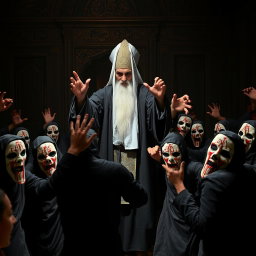 A scary religious figure with a dark, ominous presence, wearing traditional religious attire, passionately commanding a group of people to dance in a chaotic setting