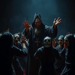 A scary religious figure with a dark, ominous presence, wearing traditional religious attire, passionately commanding a group of people to dance in a chaotic setting