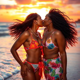 A beautiful scene featuring two stunning African American women kissing passionately on a sunlit beach