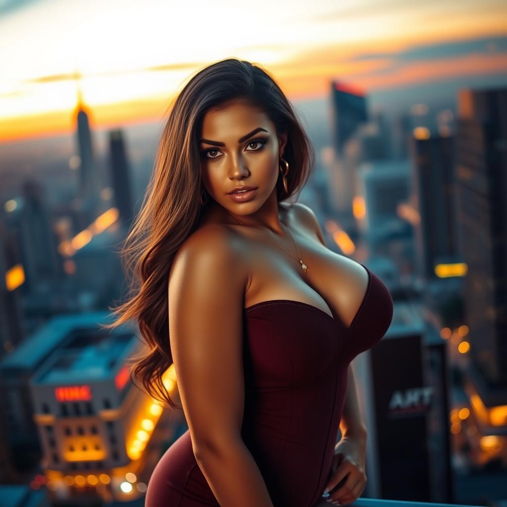 A stunning and beautiful woman, featuring a curvy figure and prominent breasts, exuding confidence and allure