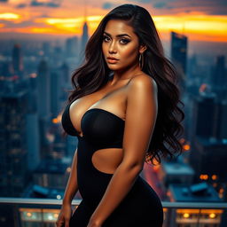 A stunning and beautiful woman, featuring a curvy figure and prominent breasts, exuding confidence and allure