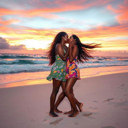 Two stunning African American women passionately kissing on a beautiful sandy beach during sunset