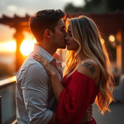 A romantic scene of a man tenderly kissing a woman in an intimate setting