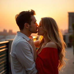 A romantic scene of a man tenderly kissing a woman in an intimate setting