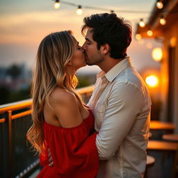 A romantic scene of a man tenderly kissing a woman in an intimate setting