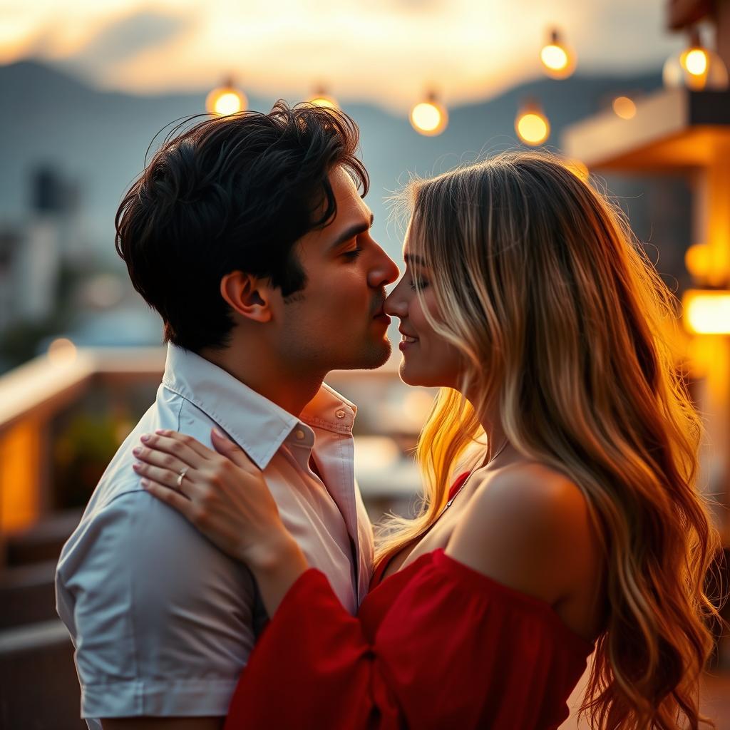 A romantic scene of a man tenderly kissing a woman in an intimate setting