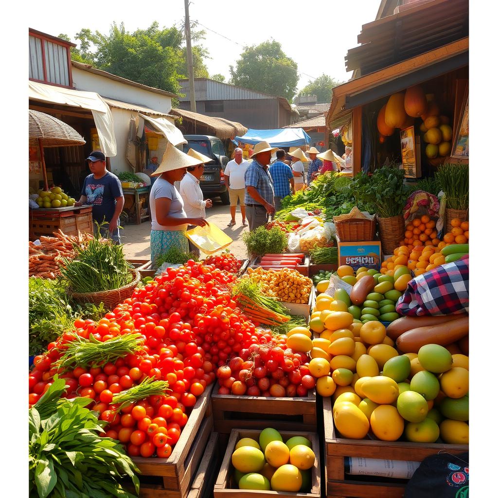 A lively local rural market showcasing a vibrant display of fresh fruits and vegetables